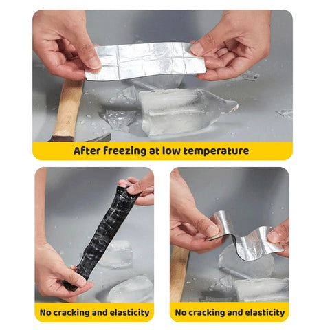 Hands demonstrating Heavy Duty Asphalt Roofing Tape That Kicks Leaks To The Curb With Heat Reflective Aluminum Foil after freezing.