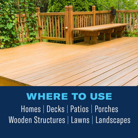Wooden deck with privacy fence, suitable for Carpenter Ant And Termite Killer Plus Concentrate For Outdoor Insect Control Kills On Contact Termites Carpenter Ants And 75 Plus Listed Pests Up To 3 Months Protection Covers Up To 21,000 Square Feet 40 Oz Bottle application.