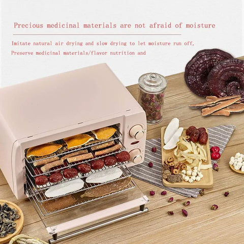 Rock Solid Five Layer Electric Food Dehydrator for Dried Fruit Fresh Veggie Chunks and Beef Jerky showing trays with various snacks.