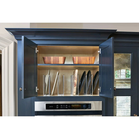 Open cabinet with U-Shaped Wire Tray Divider for baking sheets, chrome finish, 3.25 inch face opening, keeps platters separated.