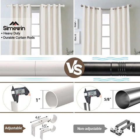 White Finish Adjustable Curtain Rod Set For Windows 28 To 88 Inches 1 Inch Diameter With Decorative Finials And Included Brackets Splice Nuts Anchors And Screws For Easy No Fuss Home Decor Upgrade, showing adjustable vs non-adjustable detail.