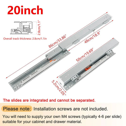 Heavy Duty Pair Of Undermount Drawer Slides With Soft Close Full Extension Bottom Mount Glide Kit For Kitchen Cabinets, 20 inch length.