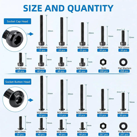 1600 Pcs M3 Screw Kit With 12.9 Socket Cap Head And 10.9 Socket Button Head Screws, Alloy Steel Black Zinc Plated, Nuts And Washers, 280 Cap Heads, 250 Button Heads, Must Have For 3D Printing Projects size and quantity chart