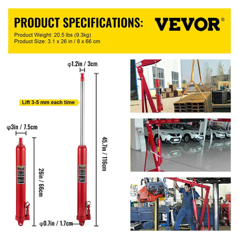 Front view of red VEVOR hydraulic long-ram jack, 8-ton capacity with clevis base and manual pump