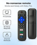 3 Pack Replacement Remote For Roku TV Compatible With TCL Onn Hisense Roku TVs No Setup Required Works Right Away With Universal Compatibility And 1 Year Warranty, front and back view