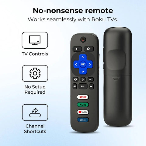3 Pack Replacement Remote For Roku TV Compatible With TCL Onn Hisense Roku TVs No Setup Required Works Right Away With Universal Compatibility And 1 Year Warranty, front and back view