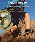 Rechargeable Outdoor High Velocity Camping Floor Fan 16 Inch Portable Battery Powered Fan with metal blades on rocky terrain.