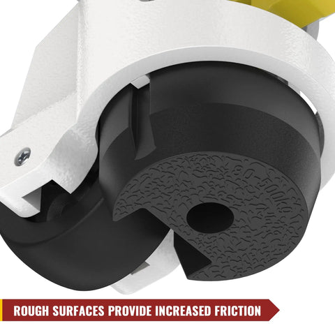 Close-up of durable industrial caster wheel showing rough surface for increased friction on Leveling Casters With Ratchet Handle.