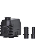 Low Water Shut Off Fountain Pump With Auto Shut Off To Prevent Burnout, 80 GPH, black, shown with two hose adapters for tabletop use