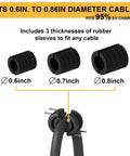 Retractable EV Charger Cable Organizer With Wall Mount showing rubber sleeves for 0.6 to 0.86 inch diameter cables.