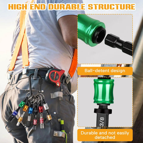12 Piece HVAC Swage Tool Set with Bit Holder shown on belt loop, close-up of green bit holder for copper pipe expansion