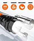 Telescoping Magnetic Pickup Tool Set with 1 lb and 15 lb pick up sticks, flashlight feature highlighted with symbols