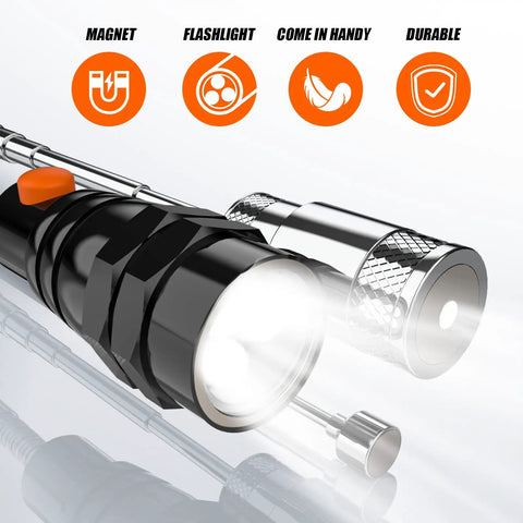 Telescoping Magnetic Pickup Tool Set with 1 lb and 15 lb pick up sticks, flashlight feature highlighted with symbols