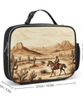 Insulated Lunch Bag With Desert Cactus And Cowboys Riding Horses Design, Big Capacity Portable Meal Tote with measurements shown