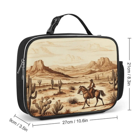 Insulated Lunch Bag With Desert Cactus And Cowboys Riding Horses Design, Big Capacity Portable Meal Tote with measurements shown