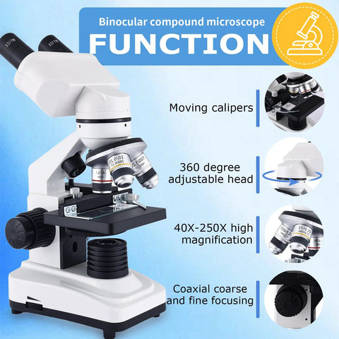Student Friendly Dual LED Microscope With 40X-2500X Magnification, 360 Degree Rotating Head, detailed features diagram