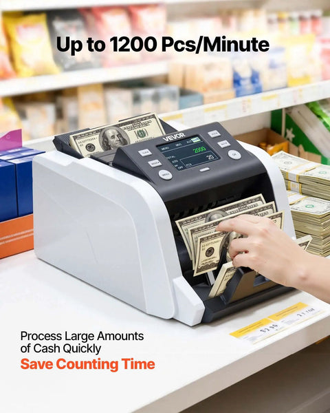 VEVOR High Speed Money Counter Machine For Dollars And Euros 1200 Bills Per Min Mixed Denomination Cash Register viewing cash counting process