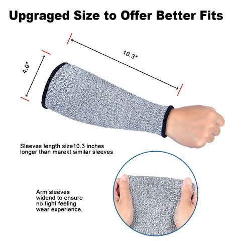 Hand wearing cut resistant arm sleeve with Level 5 protection, 10 inch length, black and gray, highlighting upgraded fit.