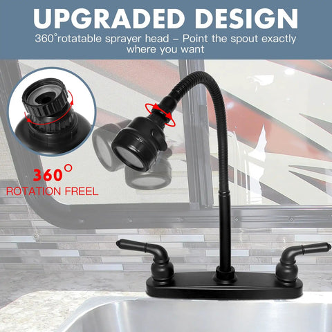 Heavy Duty Rv Kitchen Faucet Built Tight For Campers And Vans Smooth Turning 360 Head, black rotatable sprayer for easy use.
