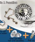 Premium Pop Up Tub Stopper With Built In Hair Strainer Smooth Handle showing 3-in-1 function with drain components and hair.