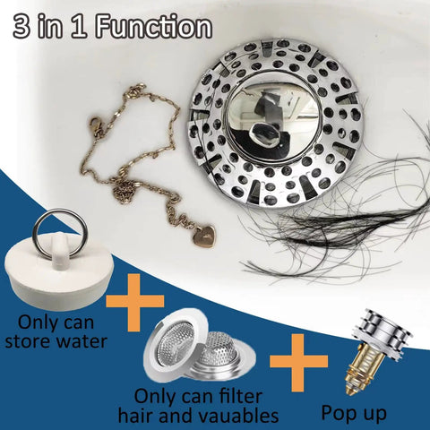 Premium Pop Up Tub Stopper With Built In Hair Strainer Smooth Handle showing 3-in-1 function with drain components and hair.