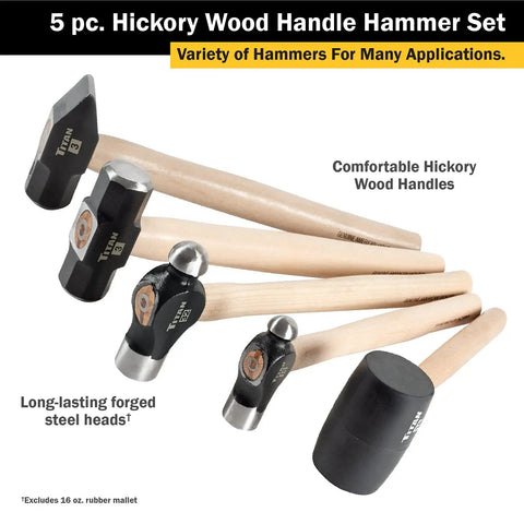 5-Piece Hammer Set With American Hickory Handles And Forged Steel Heads arranged on white background.