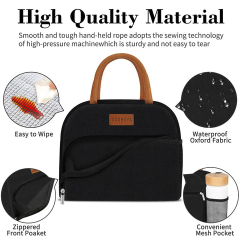 Black Insulated Lunch Bag For Work Travel And School Leakproof 10L Tote with handles and side pockets, Oxford fabric
