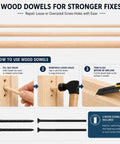 Three wood dowels with installation steps for Universal Door Strike Shim Kit to repair screw holes and enhance stability.