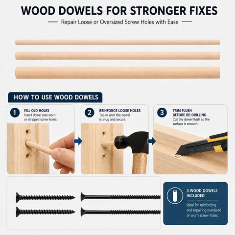 Three wood dowels with installation steps for Universal Door Strike Shim Kit to repair screw holes and enhance stability.