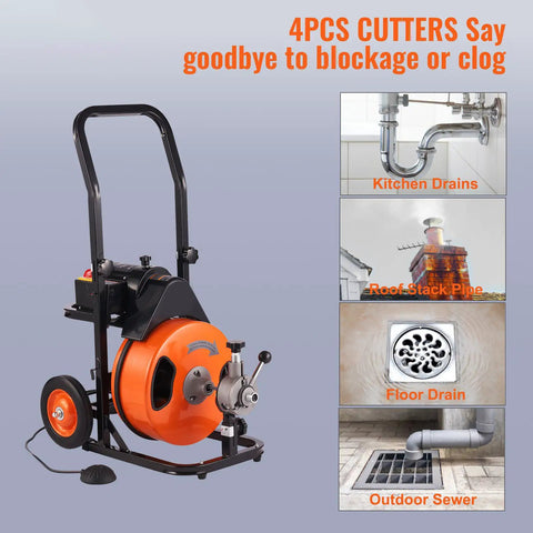 Tough As Nails Electric Drain Cleaner Automatic Feed Drives Steel Core Cable Through 1 To 4 Inch Pipes To Smash Nasty Clogs Packs 100 Foot Length with portable handle and foot switch.