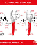 Exploded view of F2 Pruning Shears 9 Inch Swiss Made Garden Clippers with labeled replaceable parts and aluminum body.