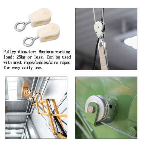 10 Pack White Nylon Hanging Pulleys With Stainless Steel Adjustable Hooks For Home Gym Pulley Systems, DIY Projects, Clothesline, Lifting And Warehouse Use, Versatile Rope And Cable Pulley Gear, white nylon pulley close-up