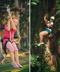 Two people enjoying ziplining with Beefy 30 KN Zipline Pulley Tandem Dual Trolley Kit for cable, showing outdoor adventure use.