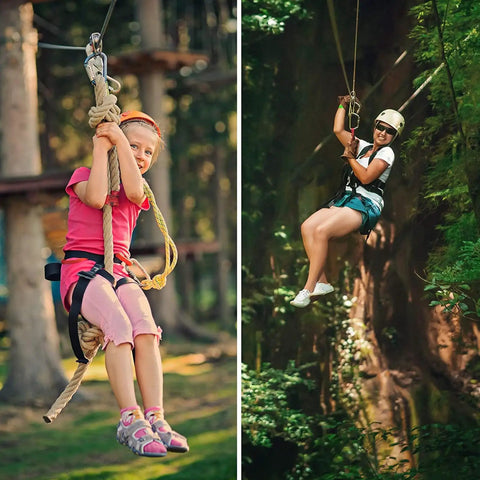 Two people enjoying ziplining with Beefy 30 KN Zipline Pulley Tandem Dual Trolley Kit for cable, showing outdoor adventure use.