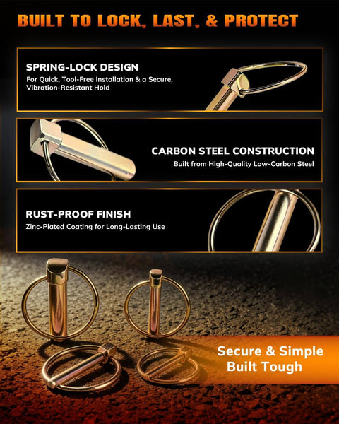 30 Piece Heavy Duty Lynch Pin Assortment Kit With Zinc Plated Steel Pins Includes 4 Sizes For Tractors Trailers Trucks Lawn Mowers And Trolleys Self Locking Ring Prevents Vibration Universal Fit For Farm Implements shown with spring-lock design and rust-proof finish.