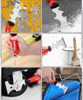 14 In 1 Painters Tool Kit For Drywall with stainless steel joint knives, showing various uses including spreading, cutting, and rolling.
