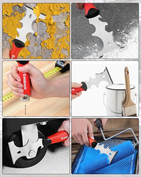 14 In 1 Painters Tool Kit For Drywall with stainless steel joint knives, showing various uses including spreading, cutting, and rolling.