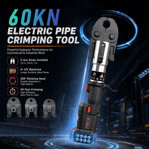 Heavy Duty 21V Cordless Hydraulic Pipe Crimper With 60KN Force For Copper HVAC Plumbing showing 350 degree swivel head and interchangeable jaws.