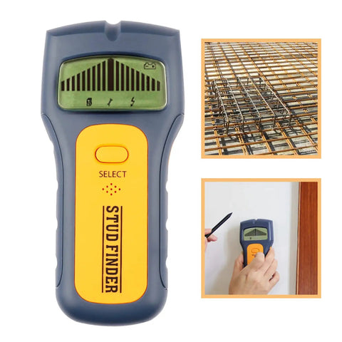 Electronic Finder Handheld Wall Scanner for Wood Metal Studs Detection with LED Alarm Detector close-up view showing LCD display and select button.