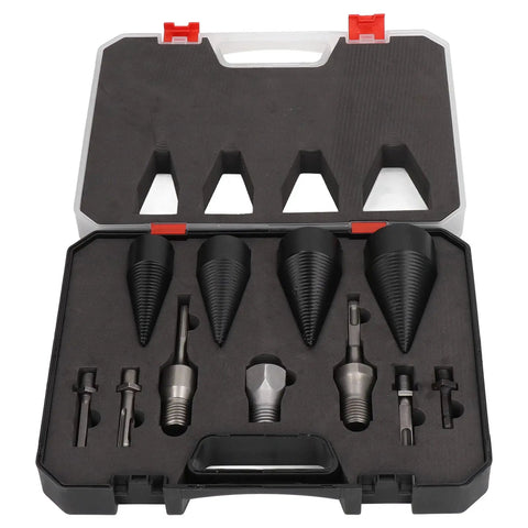 Tough As Nails 11 Piece Firewood Splitting Drill Bit Set With Heavy Carbon Steel Cone Bits In 32mm 38mm 45mm And 50mm For Power Drills Rip Through Logs Fast inside a protective case.
