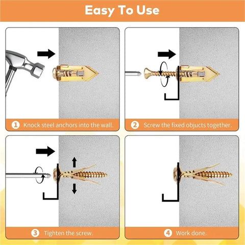 200 Piece Self Drilling Drywall Anchors And Screws Kit With Quick Install No Drill Or Holes In Wall For Picture Hangers Shelves Cabinets And DIY Furniture Fixes Easy Peasy, four-step install guide