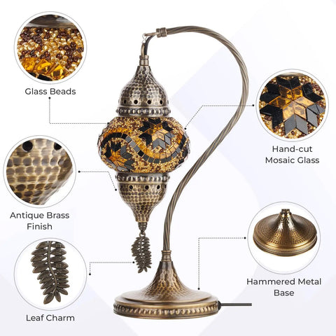 Totally Handmade Turkish Moroccan Swan Neck Tiffany Style Mosaic Glass Table Lamp With Colorful Hand Cut Glass Globes, details shown