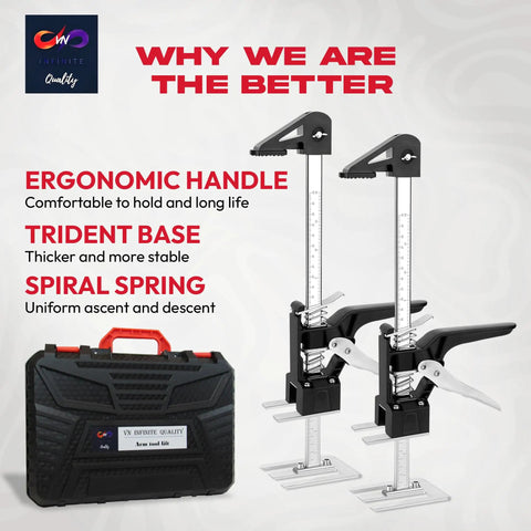 Two Pack 12 Inch Lever Tool Lifts Labor Saving Handle Set For Wall Tile Locator And Cabinet Lifting shown with ergonomic design features