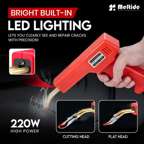 Powerful 220W Plastic Welder Kit for Car Bumper Repair with LED lighting, cutting head, and flat head attachments in use