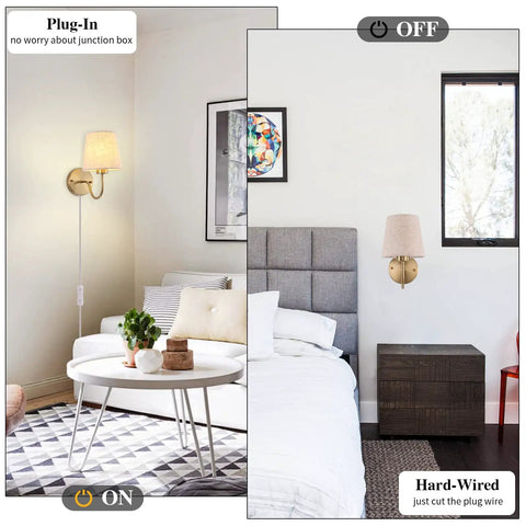 Set of Two Plug in Wall Sconces with On Off Switch Modern Gold Fabric Shade Wall Lamps in living room and bedroom settings