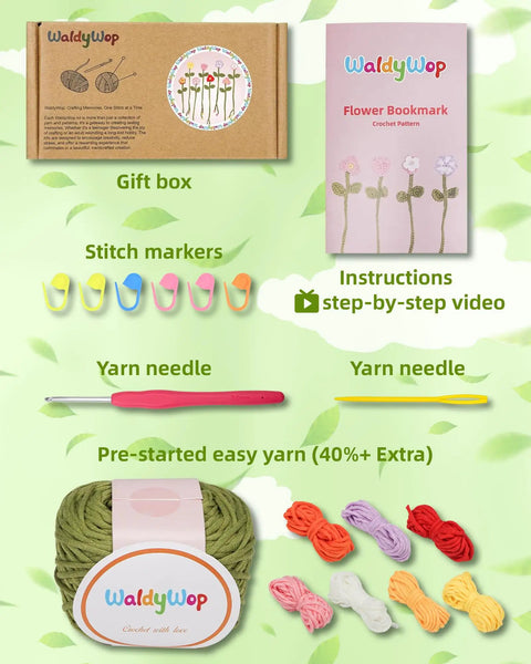 Beginner Crochet Kit With 8 Flower Bookmarks Soft Yarn Bundles And Ergonomic Crochet Hook Step By Step Video Tutorials box and contents