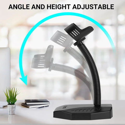 Universal Barcode Scanner Stand With Wall Mount And Built In Compartment Adjustable Head Cradle Holder with non-slip base.