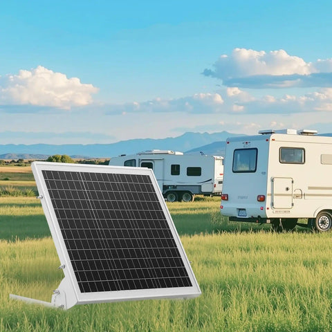 20W 12V Solar Battery Trickle Charger Maintainer With Built In MPPT Controller Mono Solar Panel in grass with RV in background