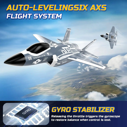 F35 4 Channel Brushless RC Plane With 7400KV Motor EDF Ducted Fan flying with gyro stabilization in open sky background