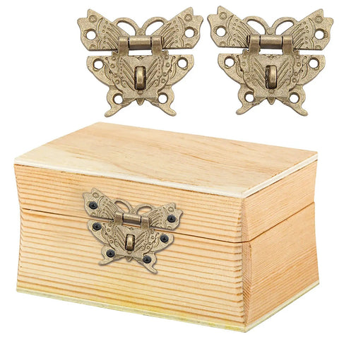 Retro Vintage Cabinet Latch Hasp Kit With Antique Padlock on a wooden box, bronze finish latch with butterfly design, includes screws